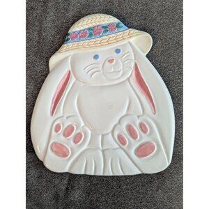 Easter Bunny Ceramic Trivet With Hat & Flowers White With Pink Accents 10" Tall